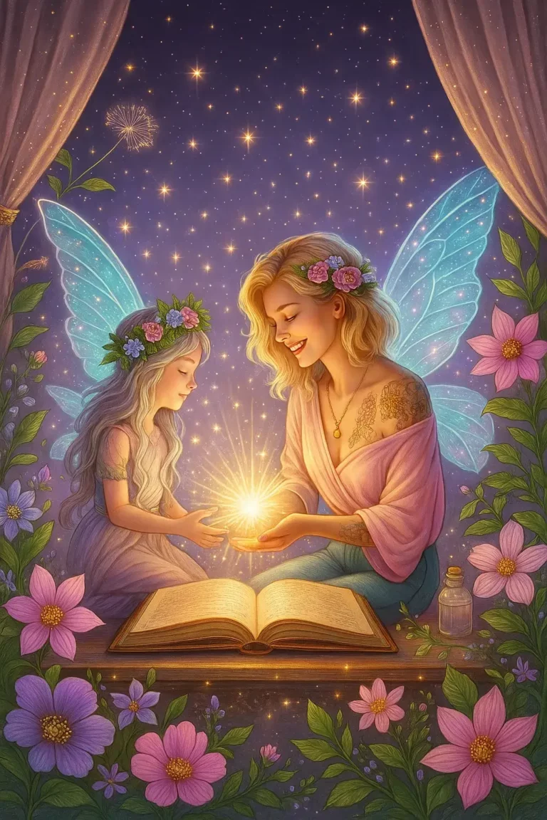 Illustration d'une mère et sa fille partageant un moment de connexion spirituelle