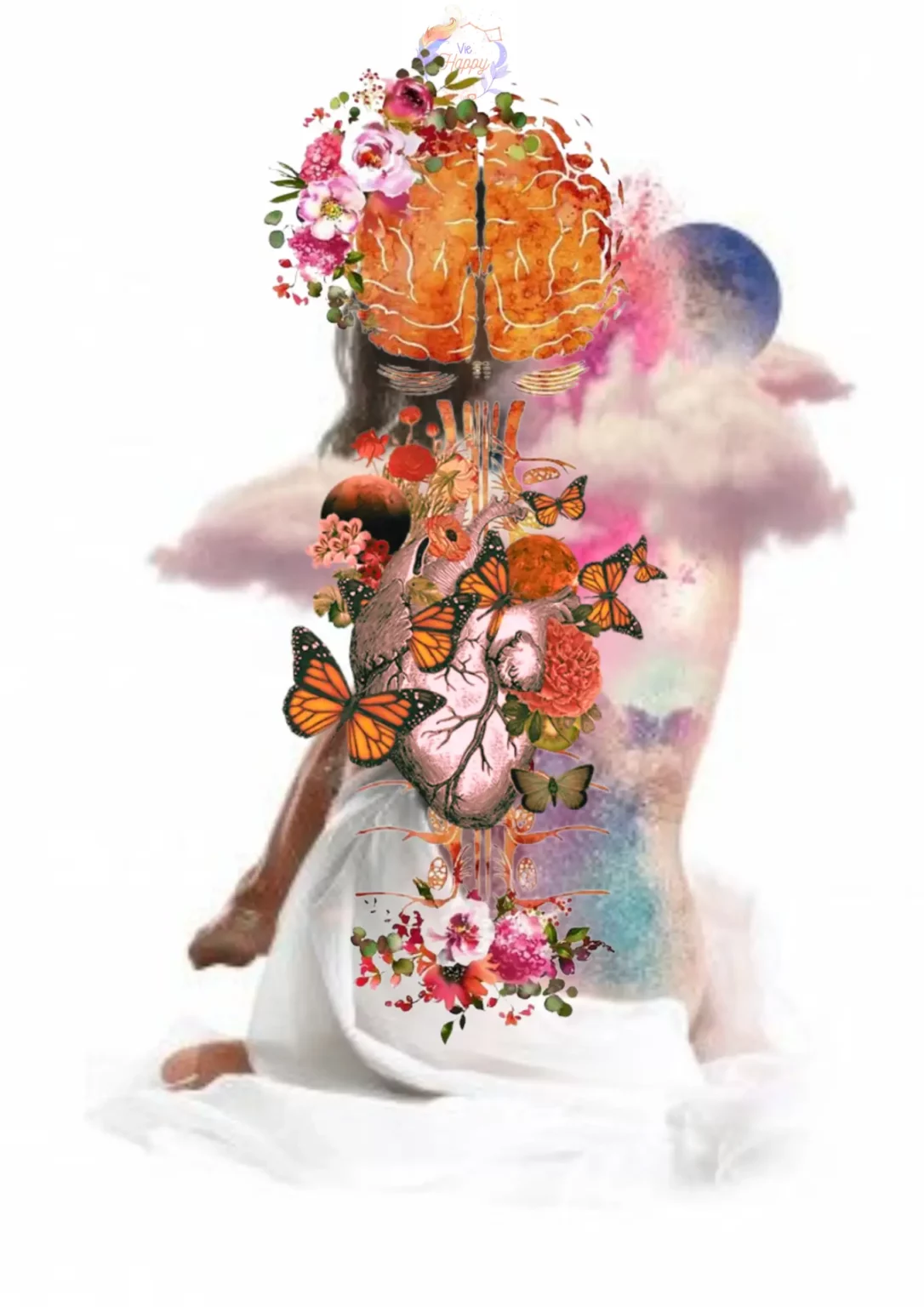 Illustration d'une silhouette humaine avec éléments floraux et spirituels