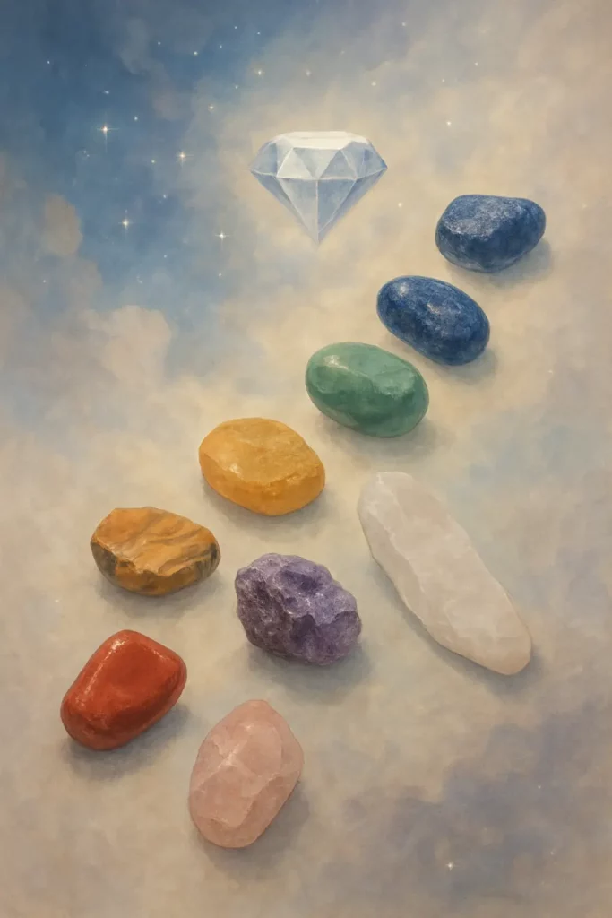 Illustration de pierres semi-précieuses et d'un diamant symbolisant l'énergie positive