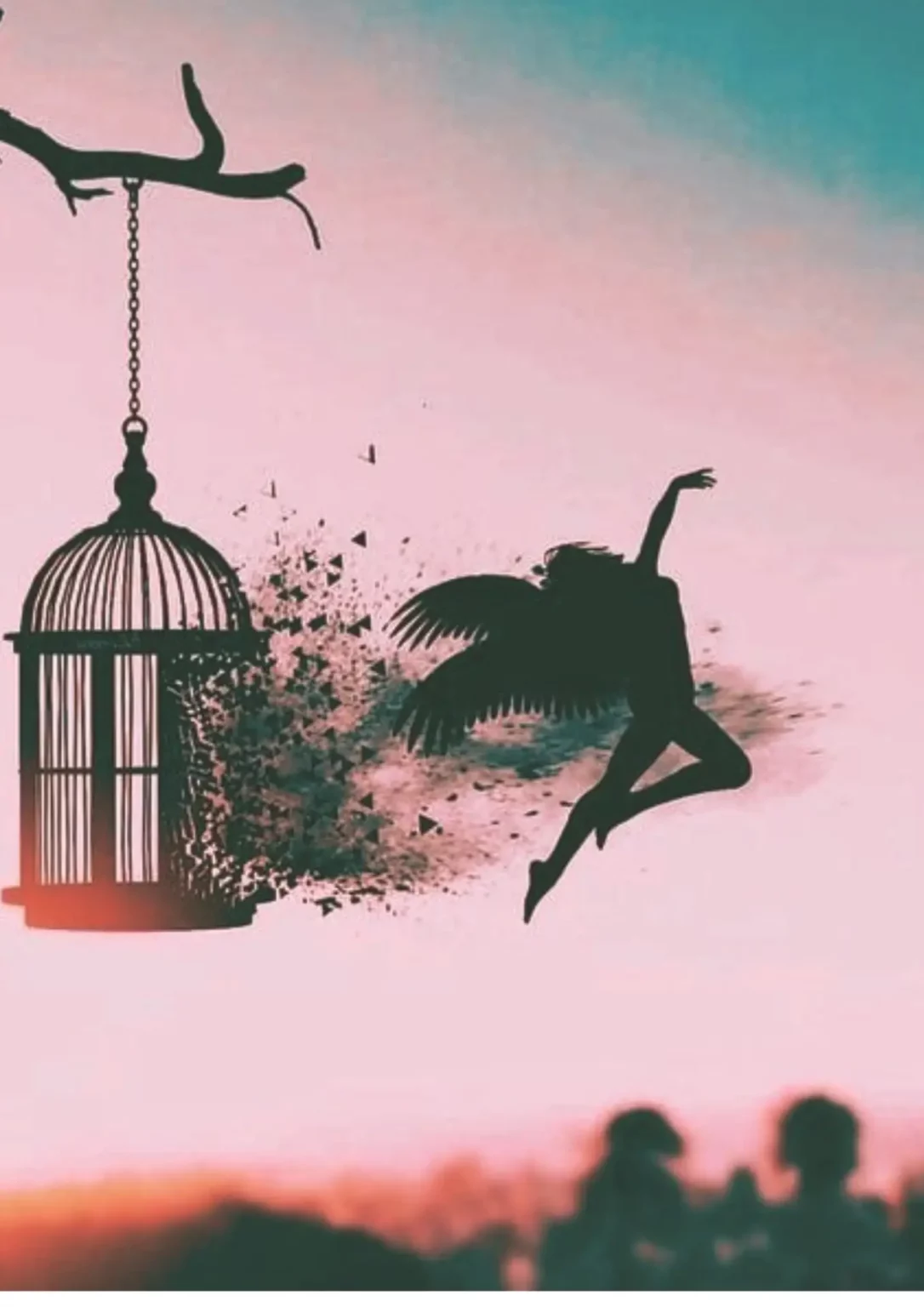 Silhouette d'une personne s'évadant d'une cage