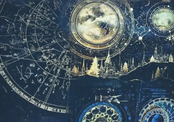 Carte astrologique détaillée avec constellations et phases lunaires