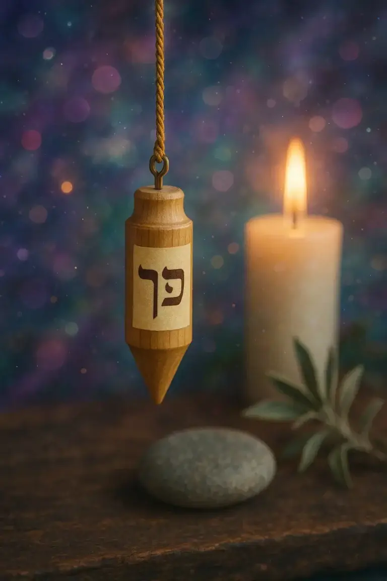 Pendule en bois suspendu avec bougie, symboles de spiritualité