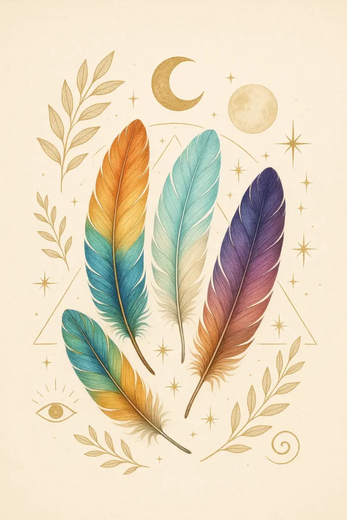 Illustration de plumes colorées sur fond beige, idéale pour le développement personnel