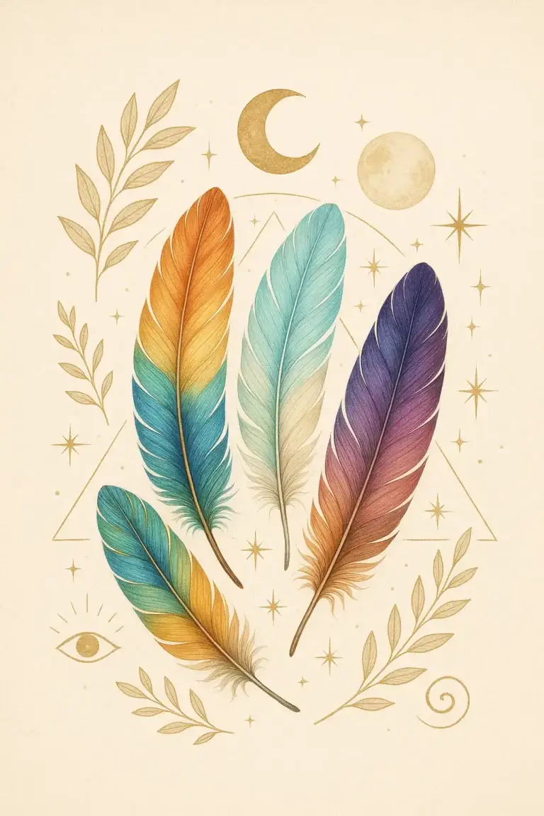 Illustration de plumes colorées sur fond beige, idéale pour le développement personnel