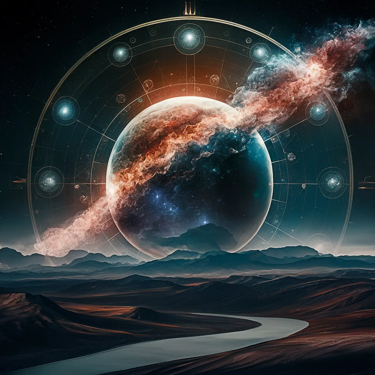 Illustration d'un cosmos mystique avec des planètes et une voie lactée