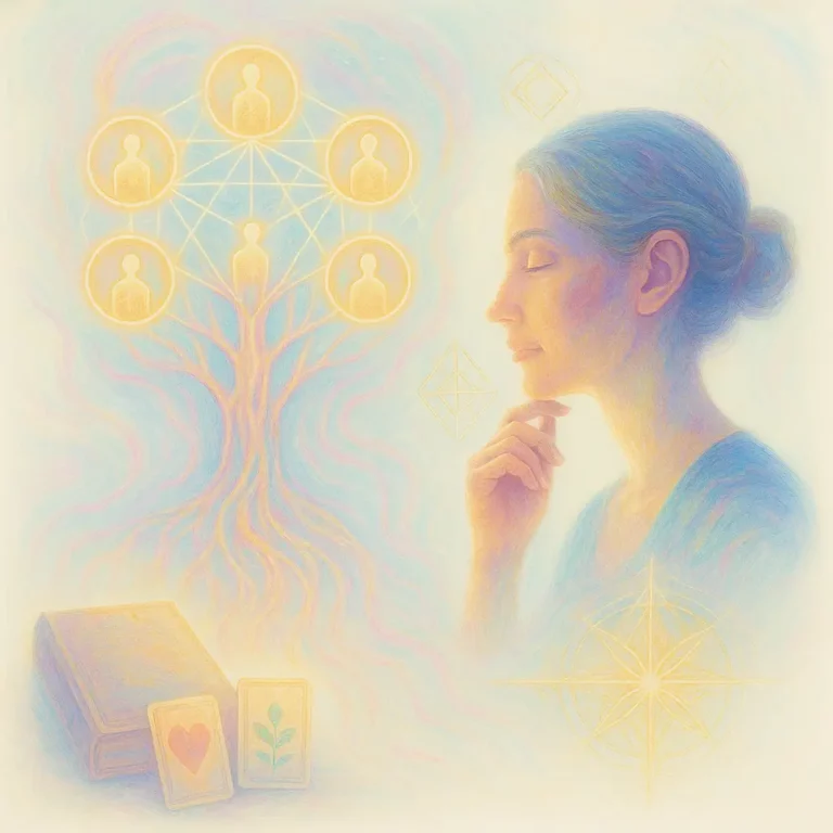 Illustration d'une femme méditant avec des symboles énergétiques
