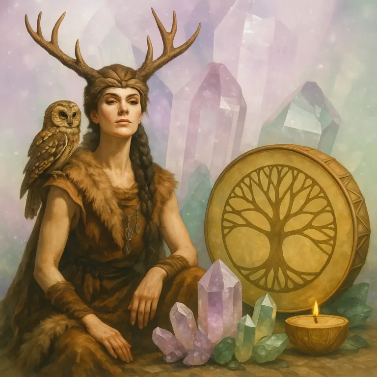 Femme avec un tambour et des cristaux