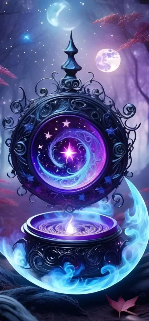 Illustration d'un compas mystique entouré d'étoiles et de galaxies