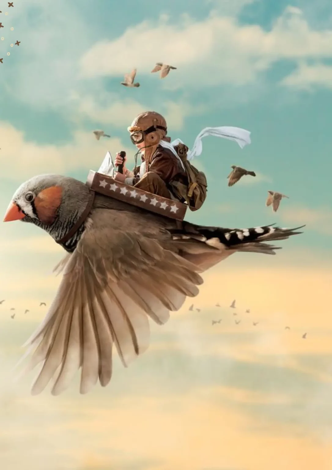 Un enfant rêveur sur un oiseau géant